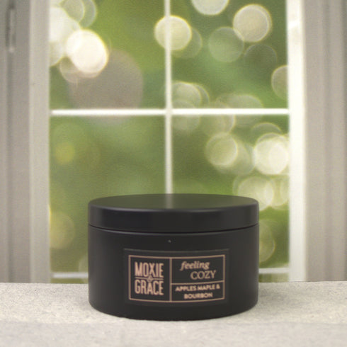 Apples Maple & Bourbon 5oz Candle in Black by Moxie & Grace — a cozy harvest blend of apple, maple, bourbon, cinnamon, and vanilla