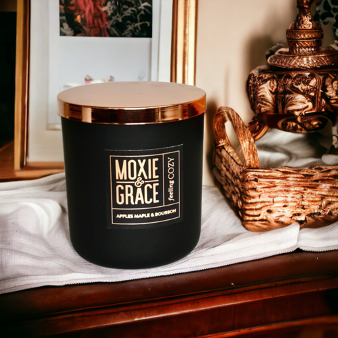 Apples Maple & Bourbon Candle in Black Jar by Moxie & Grace — a cozy harvest blend of apple, maple, bourbon, cinnamon, and vanilla
