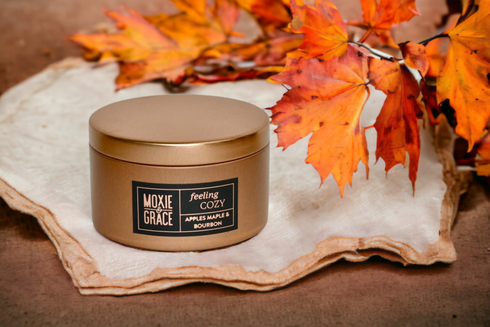 Apples Maple & Bourbon 5oz Candle in Copper by Moxie & Grace — a cozy harvest blend of apple, maple, bourbon, cinnamon, and vanilla
