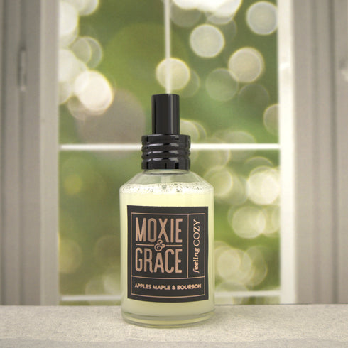 Apples Maple & Bourbon Room Spray 4oz bottle by Moxie & Grace — warm crisp apple, cinnamon, bourbon, and maple vanilla fragrance, non-toxic and USA-made