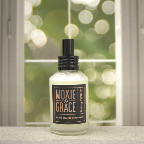 Blood Orange & Lime Agave Room Spray 4oz bottle by Moxie & Grace — bold blood orange, cinnamon, ginger, and brown vanilla fragrance, non-toxic and USA-made