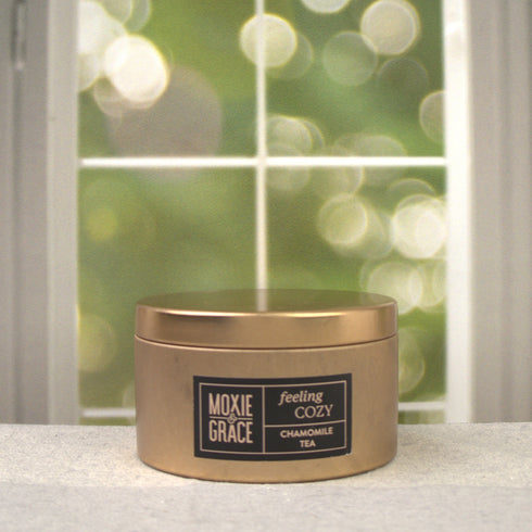 Chamomile Tea 5oz Candle in Copper by Moxie & Grace — a calming blend of chamomile, honey, vanilla, and soft musk