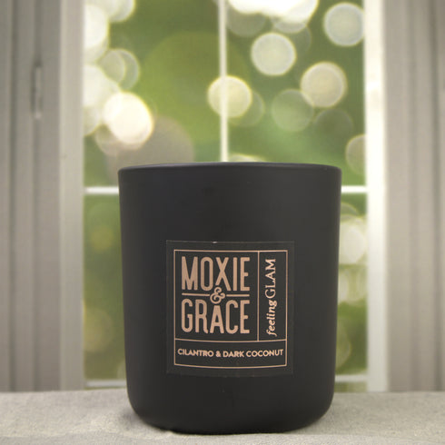 Coconut Milk & Honey 12oz Candle in Black by Moxie & Grace — a soft, creamy blend of coconut milk, honey, vanilla, and warm musk