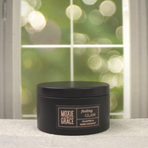 Coconut Milk & Honey 5oz Candle in Black by Moxie & Grace — a soft, creamy blend of coconut milk, honey, vanilla, and warm musk