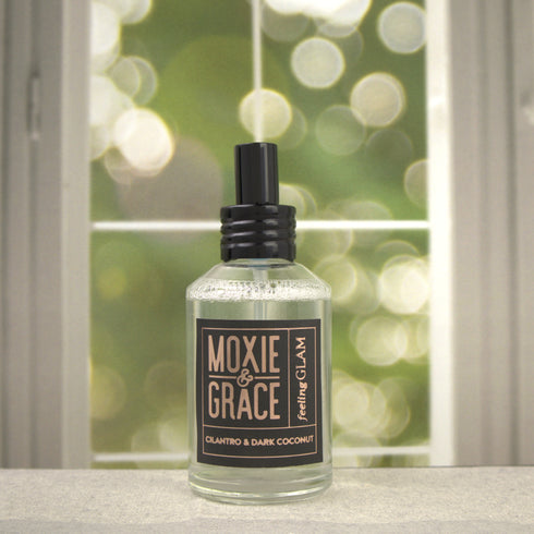 Cilantro & Dark Coconut Room Spray 4oz bottle by Moxie & Grace — exotic coconut cream, cilantro, pineapple, and cardamom fragrance, non-toxic and USA-made