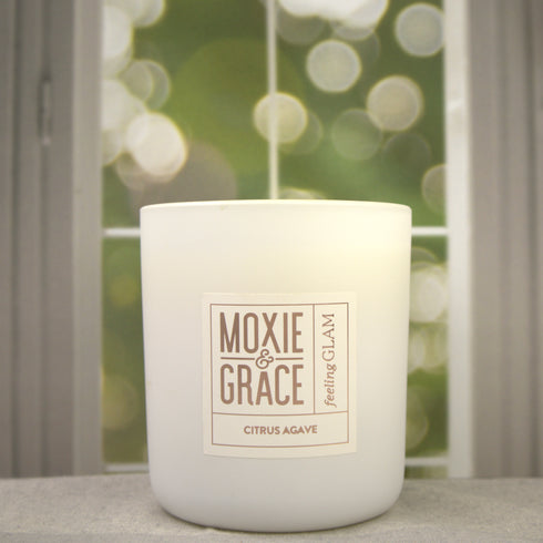 Citrus Agave 12oz Candle in White by Moxie & Grace — a bright, zesty blend of citrus, agave, lemon, and warm musk