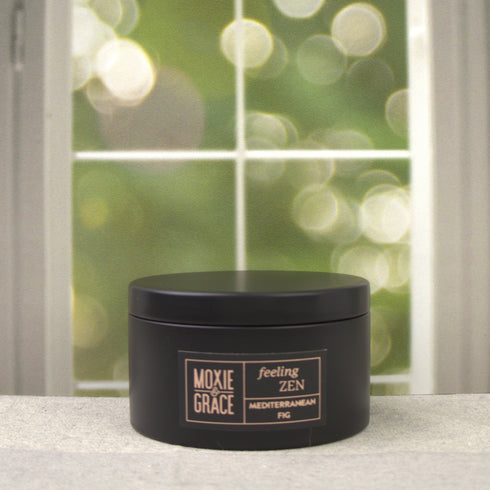 Mediterranean Fig 5oz Candle in Black by Moxie & Grace — a lush, earthy blend of fig, green leaves, cedar, and warm musk