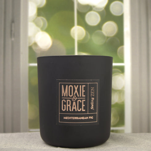 Mediterranean Fig 12oz Candle in Black by Moxie & Grace — a lush, earthy blend of fig, green leaves, cedar, and warm musk