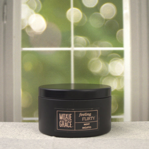 Mint Mojito 5oz Candle in Black by Moxie & Grace — a crisp, refreshing blend of spearmint, lime, sugarcane, and fresh herbs