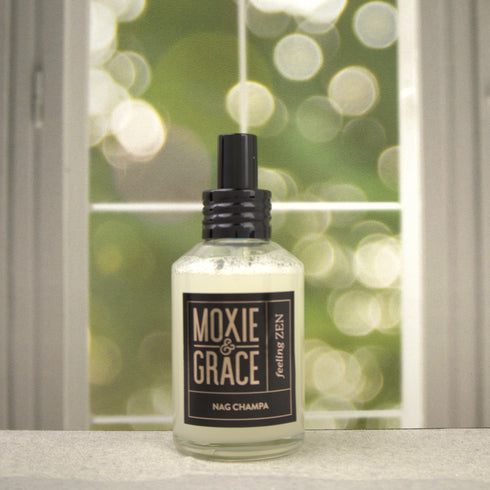 Nag Champa 4oz Room Spray by Moxie & Grace — a meditative blend of sandalwood, patchouli, amber, rose, and dark musk