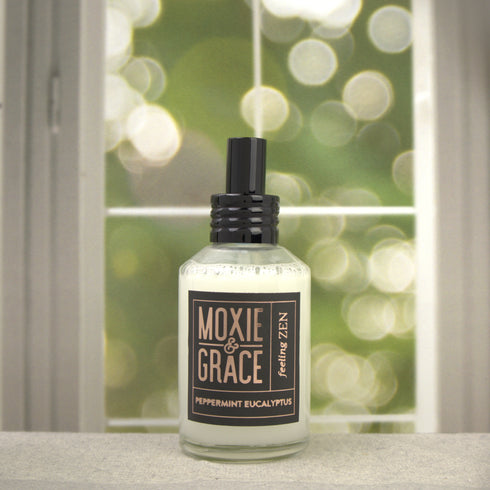 Peppermint Eucalyptus Room Spray 4oz bottle by Moxie & Grace — refreshing peppermint, eucalyptus, and cedarwood spa-inspired fragrance with natural essential oils, non-toxic and USA-made