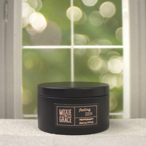 Peppermint Eucalyptus 5oz Candle in Black by Moxie & Grace — a crisp, invigorating blend of peppermint, eucalyptus, spearmint, and fresh herbs