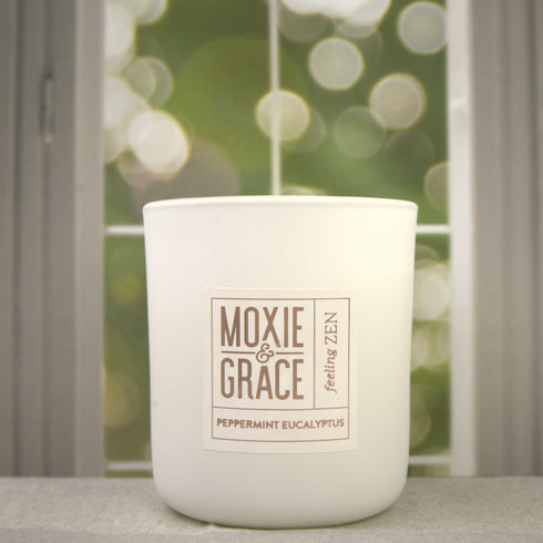 Peppermint Eucalyptus 12oz Candle in White by Moxie & Grace — a crisp, invigorating blend of peppermint, eucalyptus, spearmint, and fresh herbs
