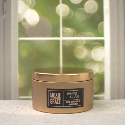 Red Ginger & Saffron 5oz Candle in Copper by Moxie & Grace — a vibrant blend of ginger, saffron, lemon, amber, patchouli, and cedarwood