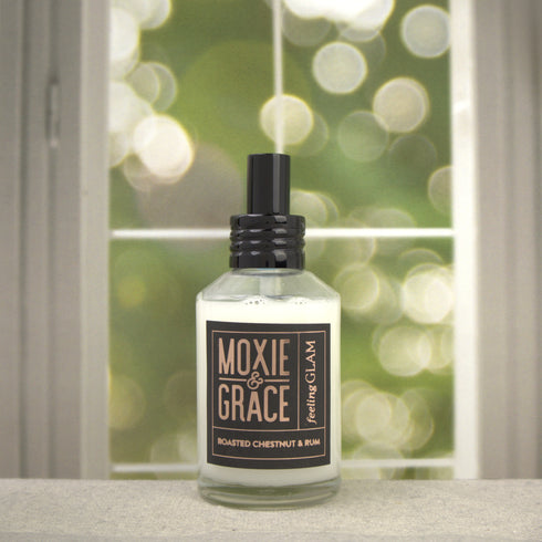 Roasted Chestnut & Rum Room Spray 4oz bottle by Moxie & Grace — rich cognac, dark rum, roasted chestnut, and tonka bean fragrance, non-toxic and USA-made