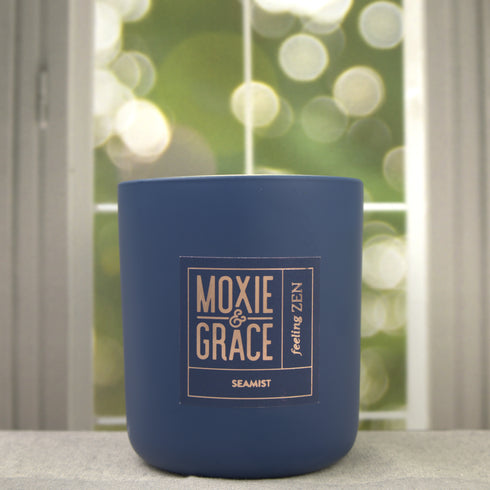 Seamist 12oz Candle in Navy by Moxie & Grace — a fresh, airy blend of sea mist, driftwood, eucalyptus, and soft marine notes