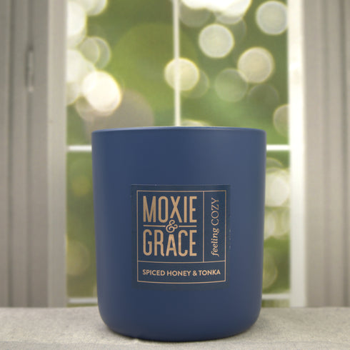 Spiced Honey & Tonka 12oz Candle in Navy by Moxie & Grace — a warm blend of honey, tonka bean, cinnamon, clove, and vanilla