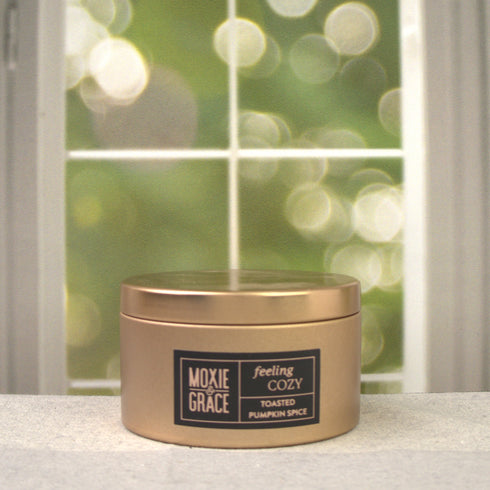 Toasted Pumpkin Spice 5oz Candle in Copper by Moxie & Grace — a cozy blend of pumpkin, cinnamon, nutmeg, clove, and vanilla