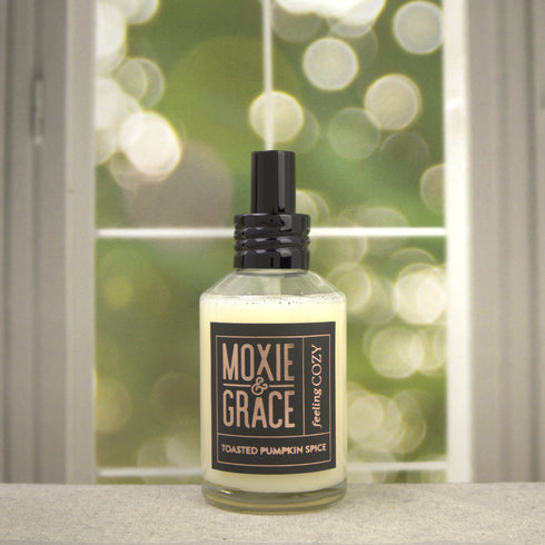 Toasted Pumpkin Spice Room Spray 4oz bottle by Moxie & Grace — warm cinnamon, nutmeg, pumpkin, buttercream, and smoked vanilla fragrance, non-toxic and USA-made