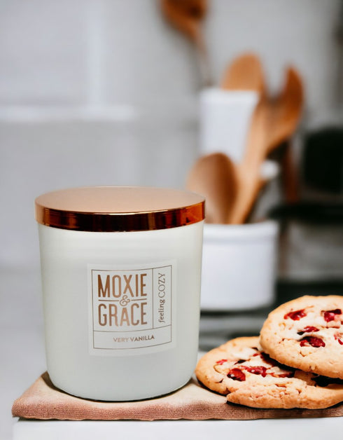 Very Vanilla Candle in White Jar by Moxie & Grace — a rich, warm blend of vanilla bean, tonka, caramel, and soft musk